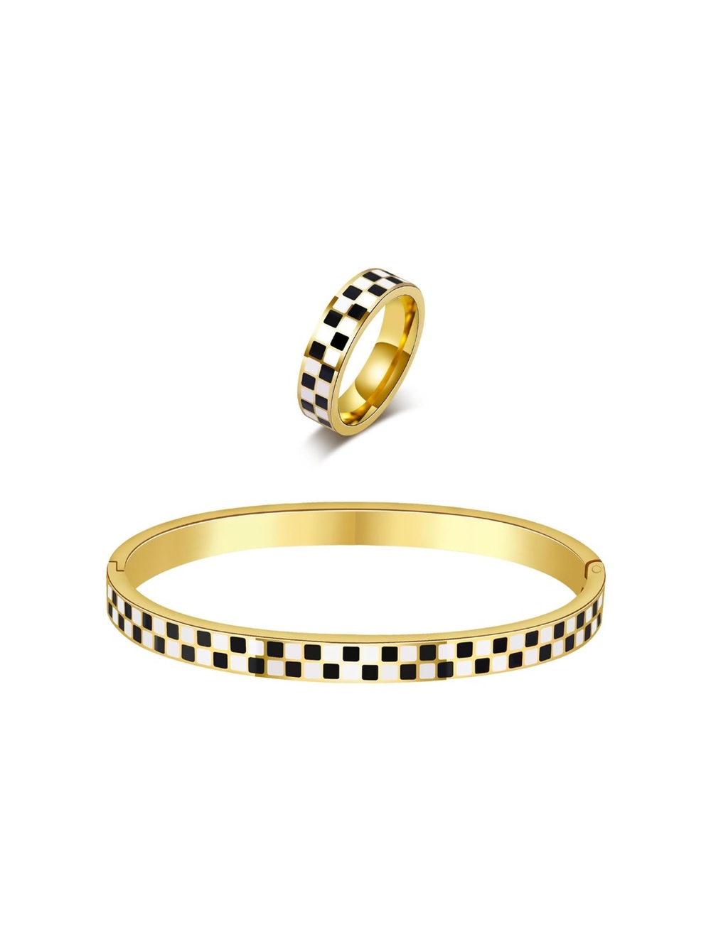 Classic Gold Checkerboard Bangle and Ring Set - Black & White